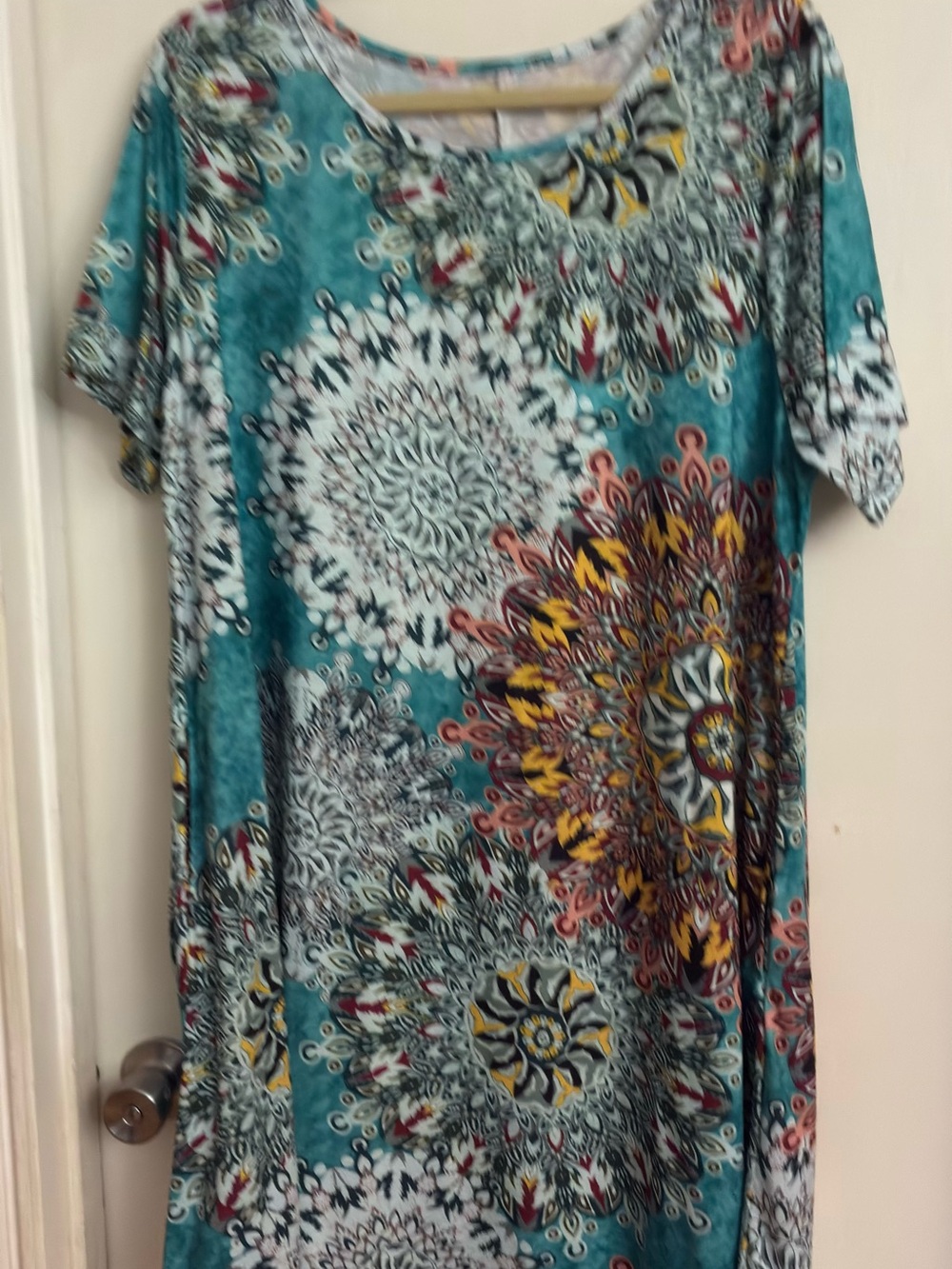 Teal Medallion Print Short Sleeve Women's dress